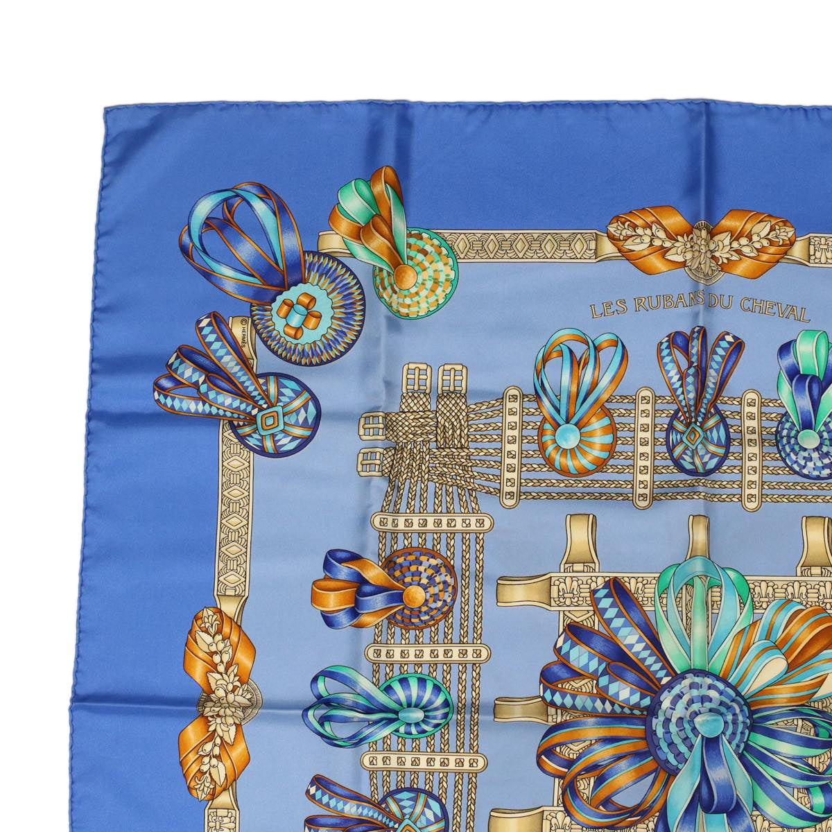 HERMES Carre 90 Les Rubans du Cheval Scarf Silk Blue Auth ac2043