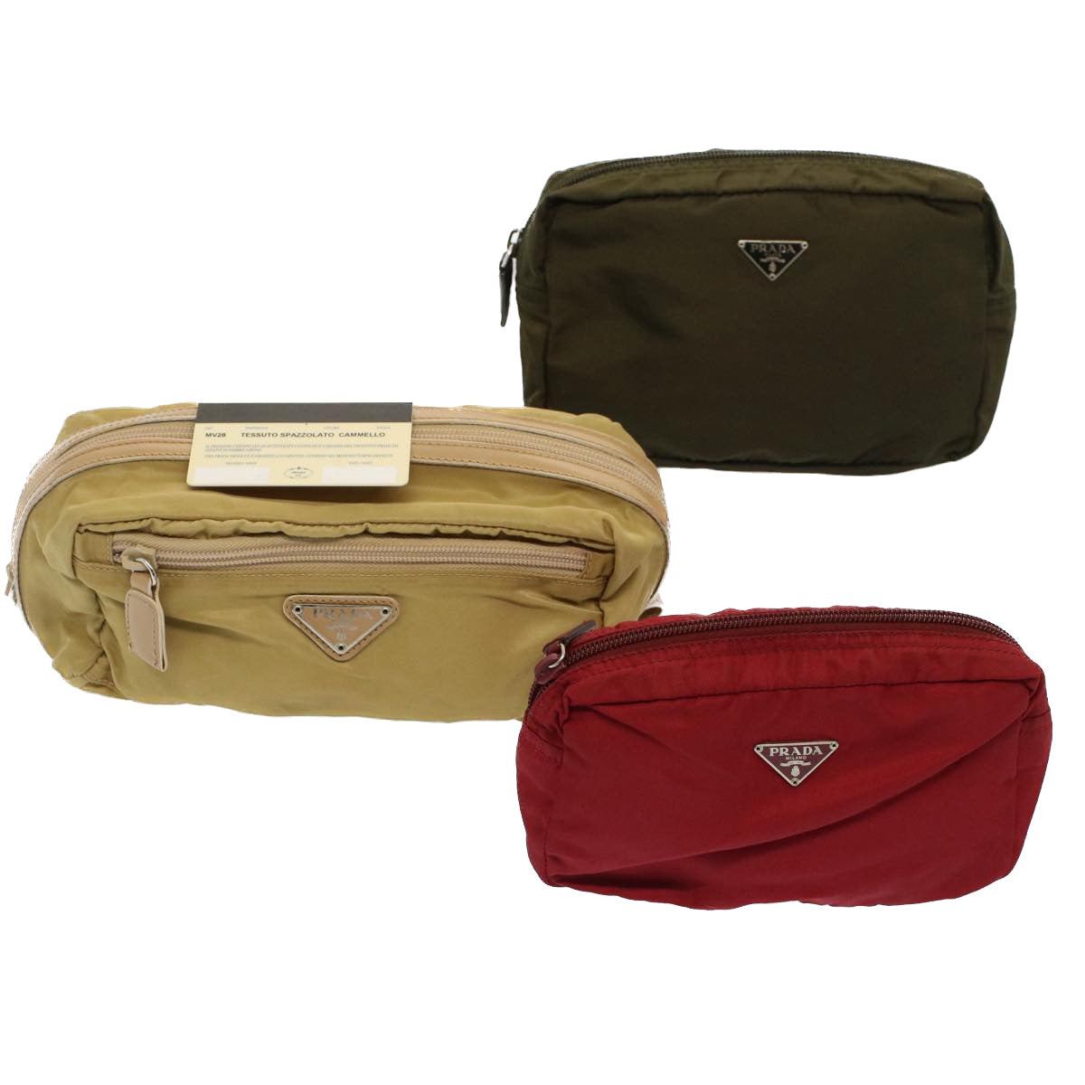 PRADA Pouch Nylon 3Set Khaki Red beige Auth ac2121