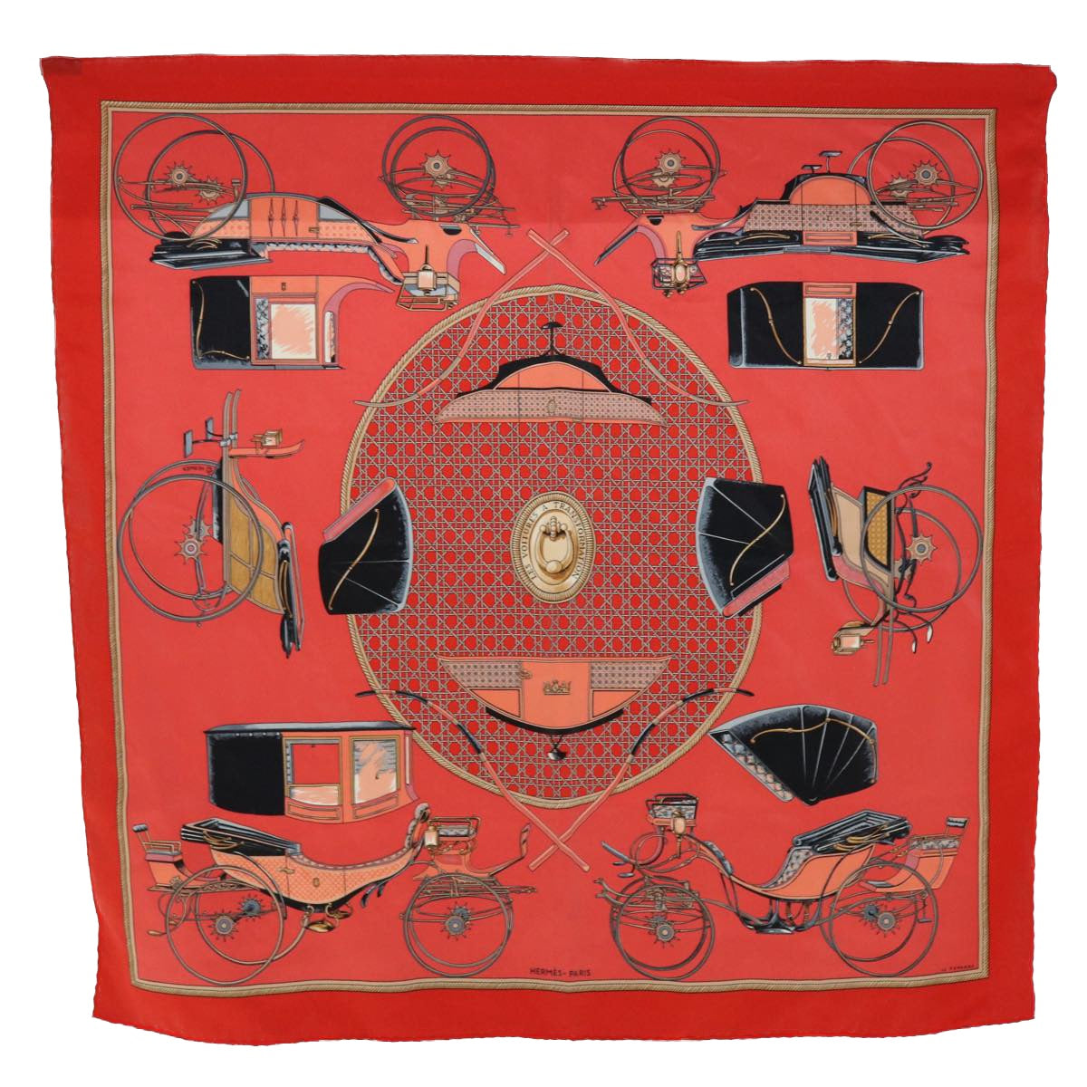 HERMES Carre 65 LES VOITURES A TRANSFORMATION Scarf Silk Red Auth ac2150