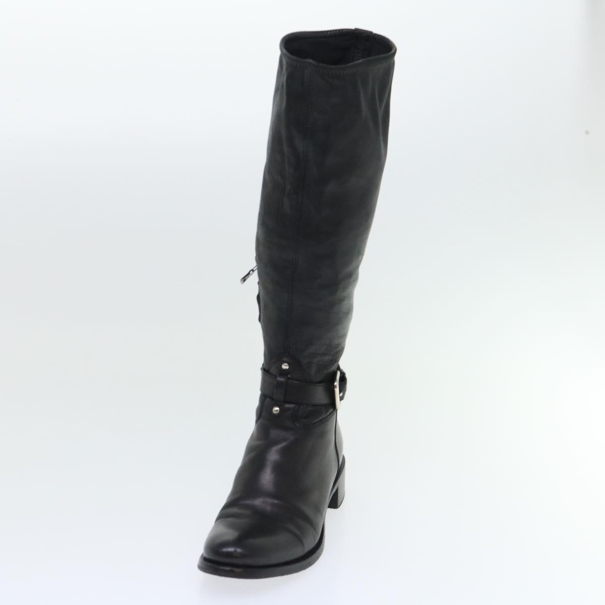 PRADA Knee High Boots Leather Black Auth ac2185