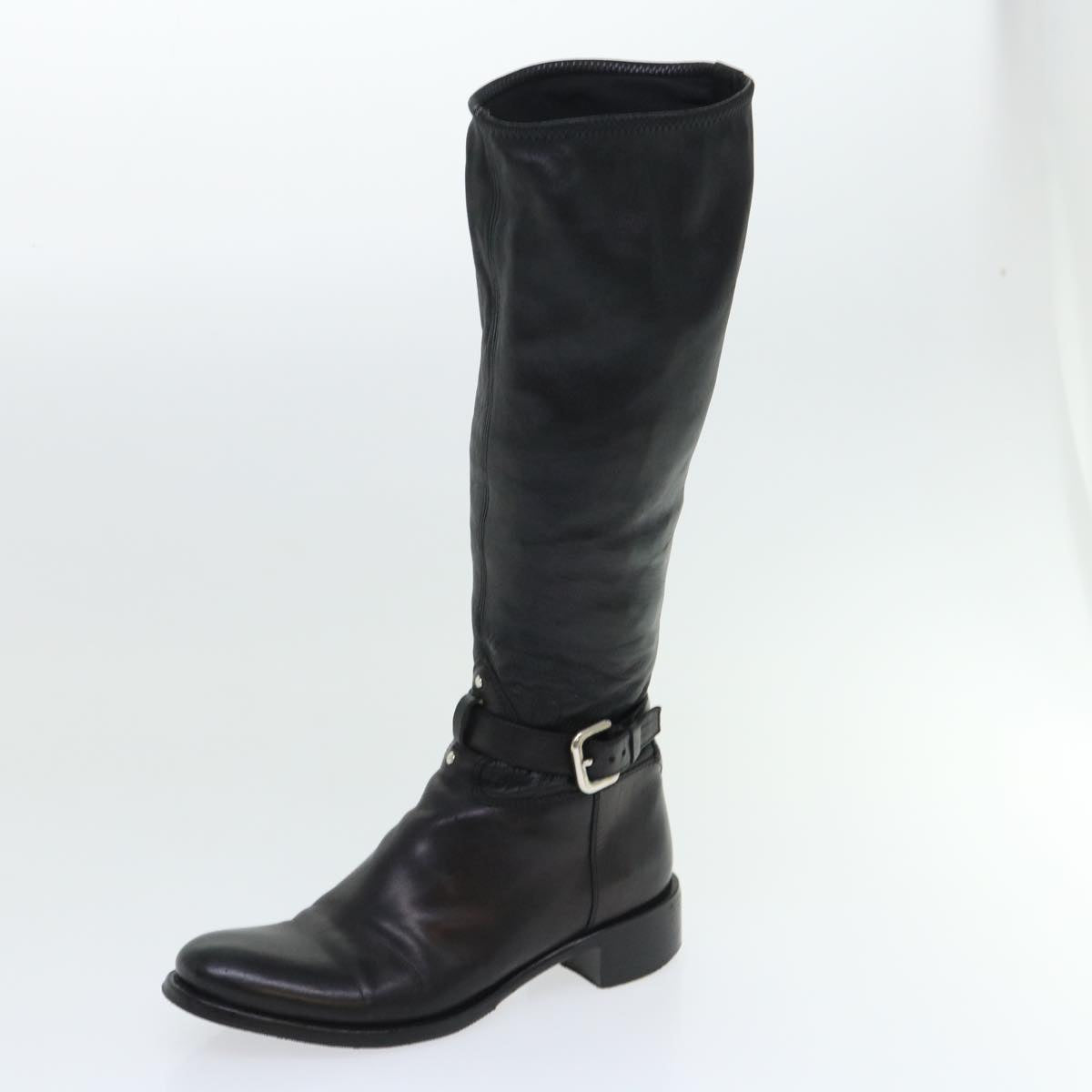 PRADA Knee High Boots Leather Black Auth ac2185