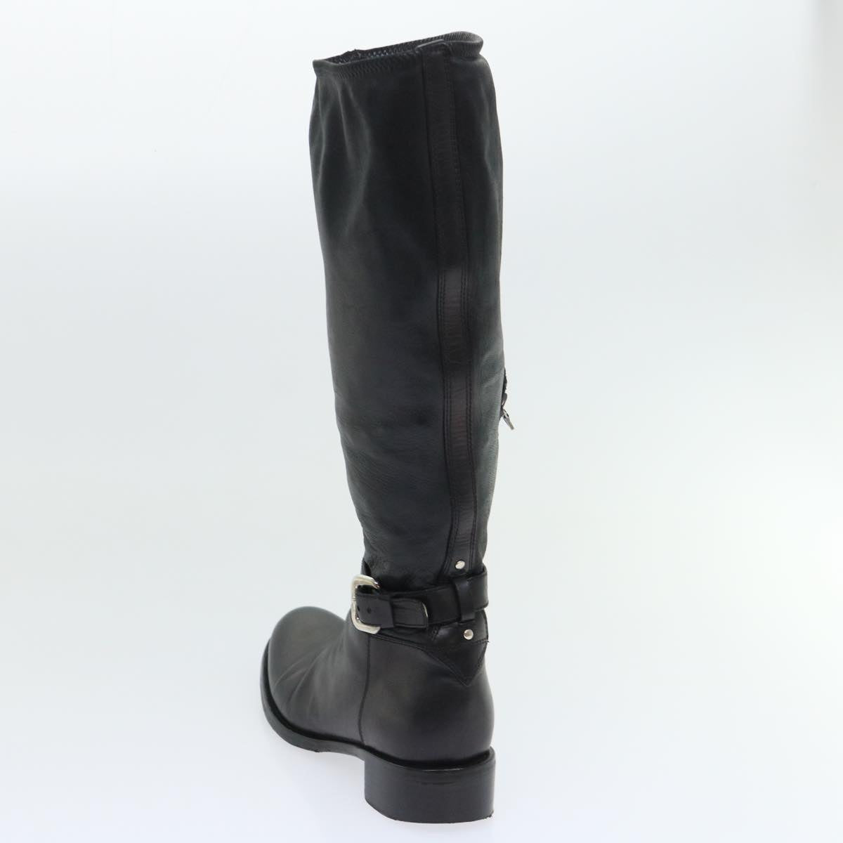 PRADA Knee High Boots Leather Black Auth ac2185