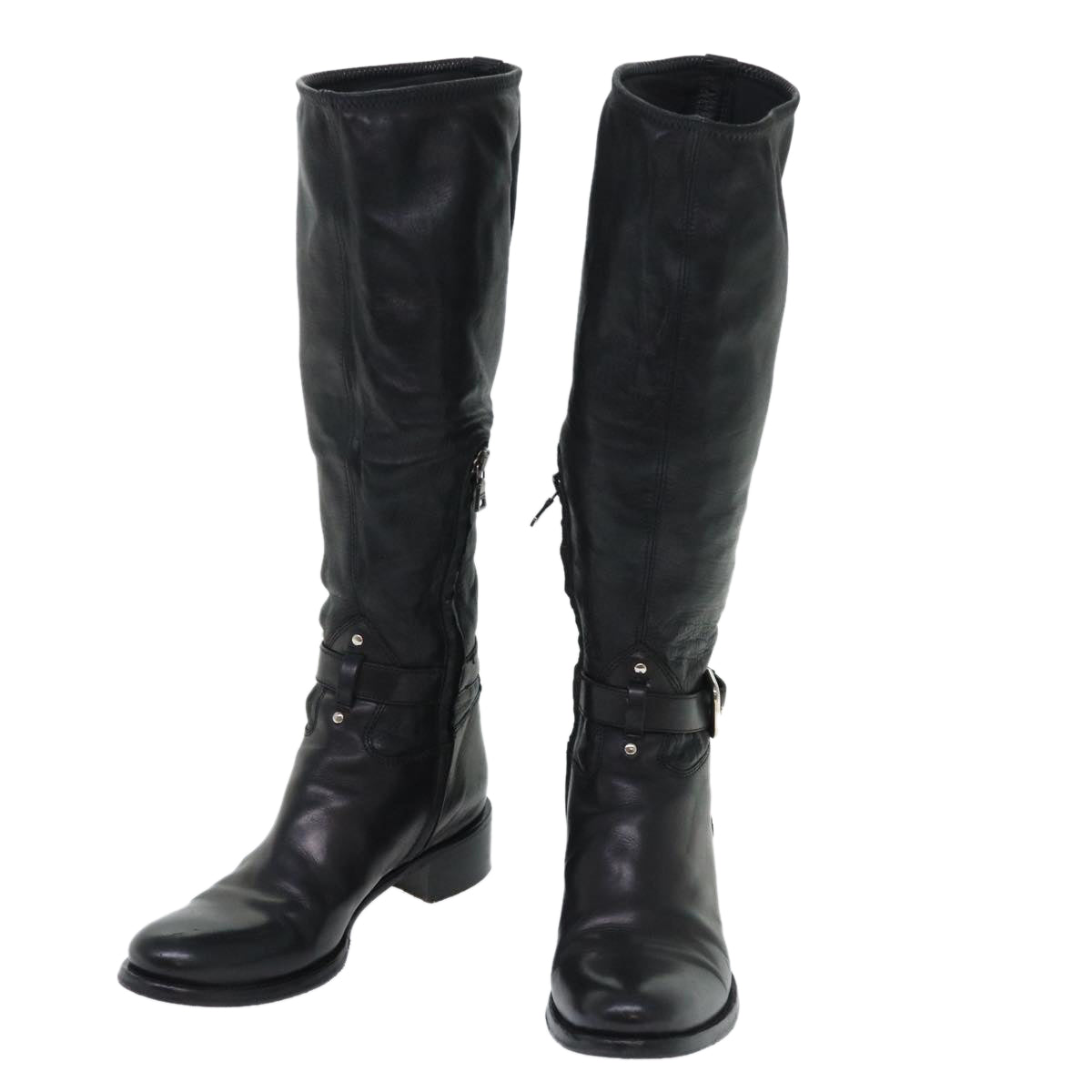 PRADA Knee High Boots Leather Black Auth ac2185