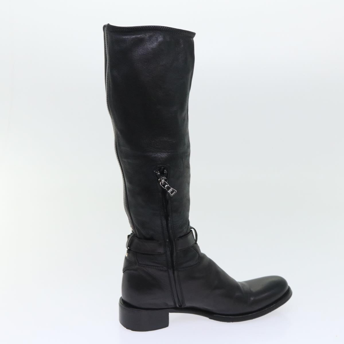 PRADA Knee High Boots Leather Black Auth ac2185