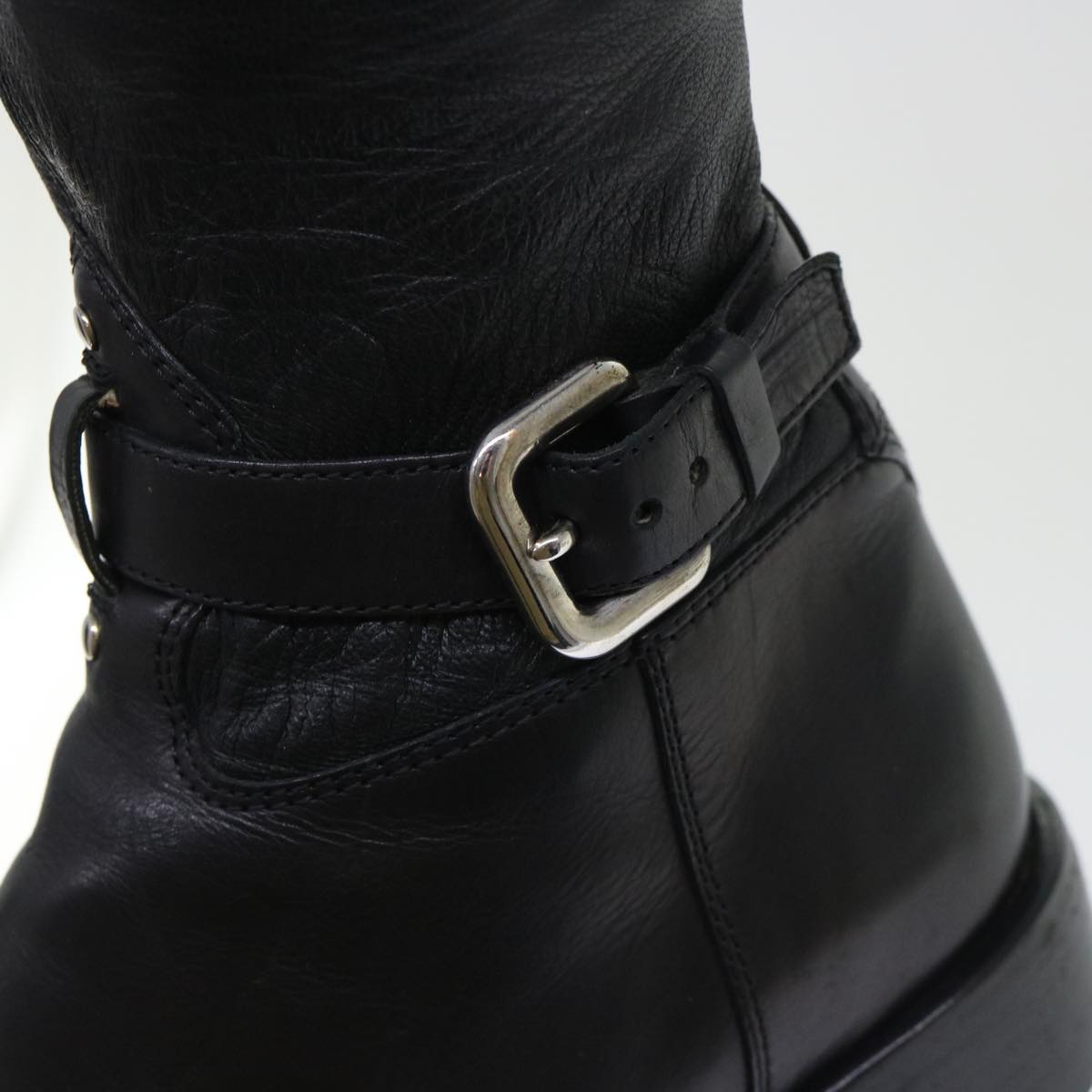 PRADA Knee High Boots Leather Black Auth ac2185