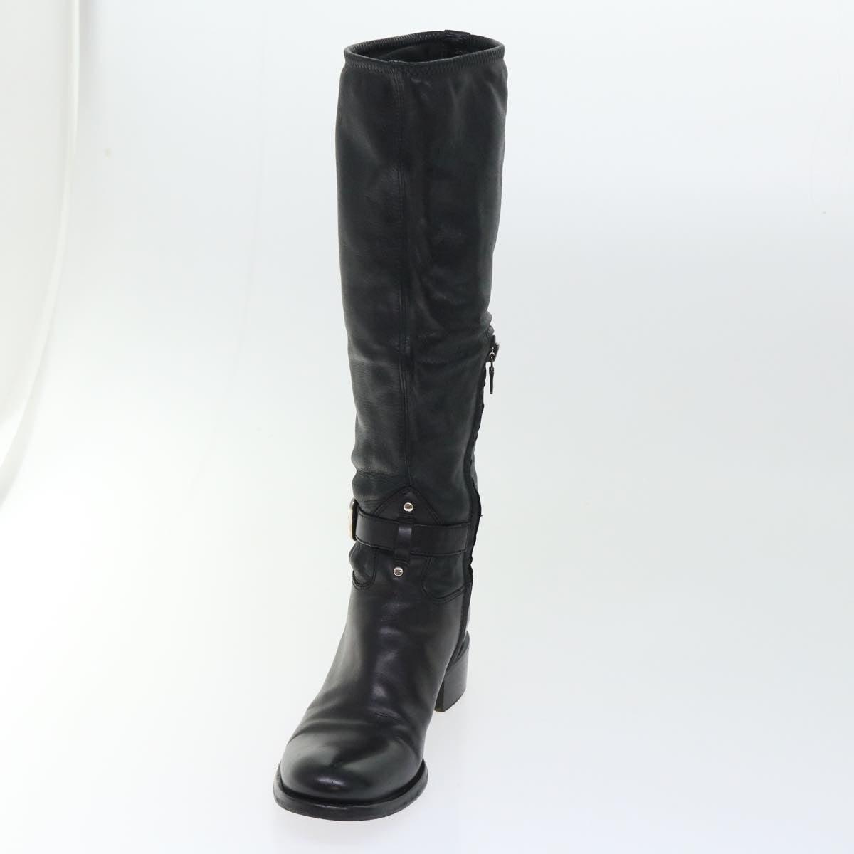 PRADA Knee High Boots Leather Black Auth ac2185