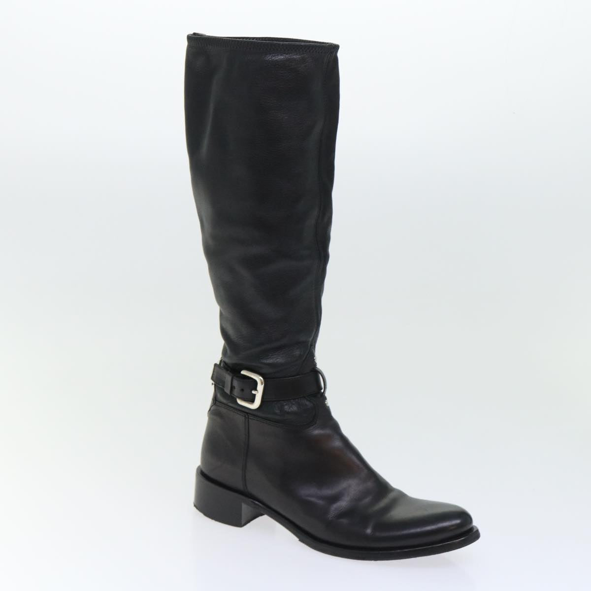 PRADA Knee High Boots Leather Black Auth ac2185