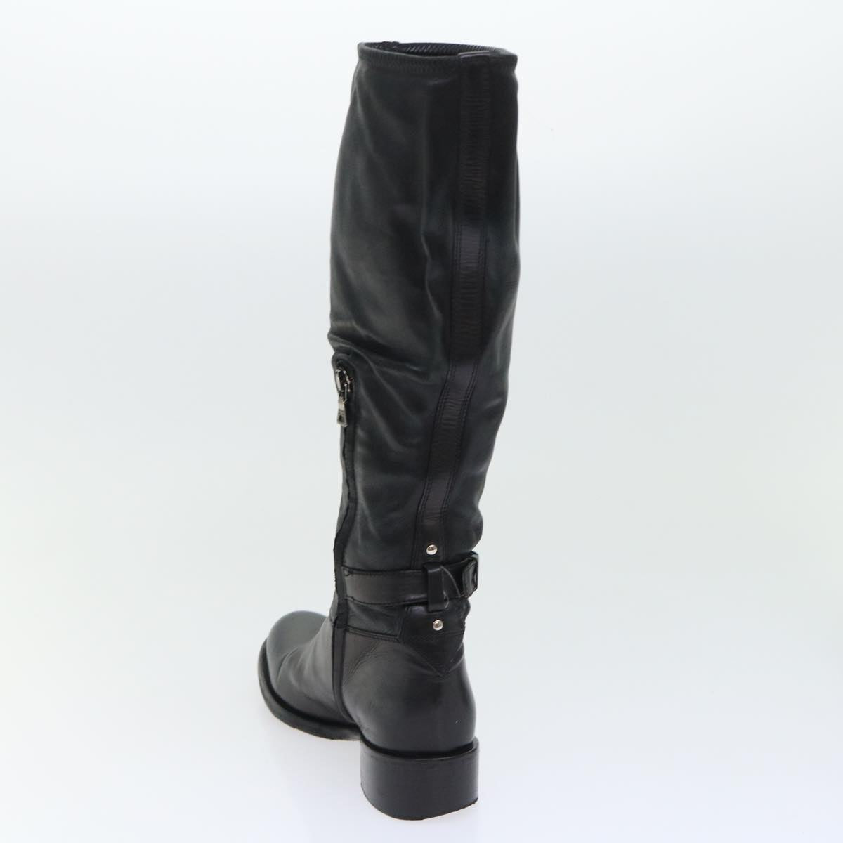 PRADA Knee High Boots Leather Black Auth ac2185