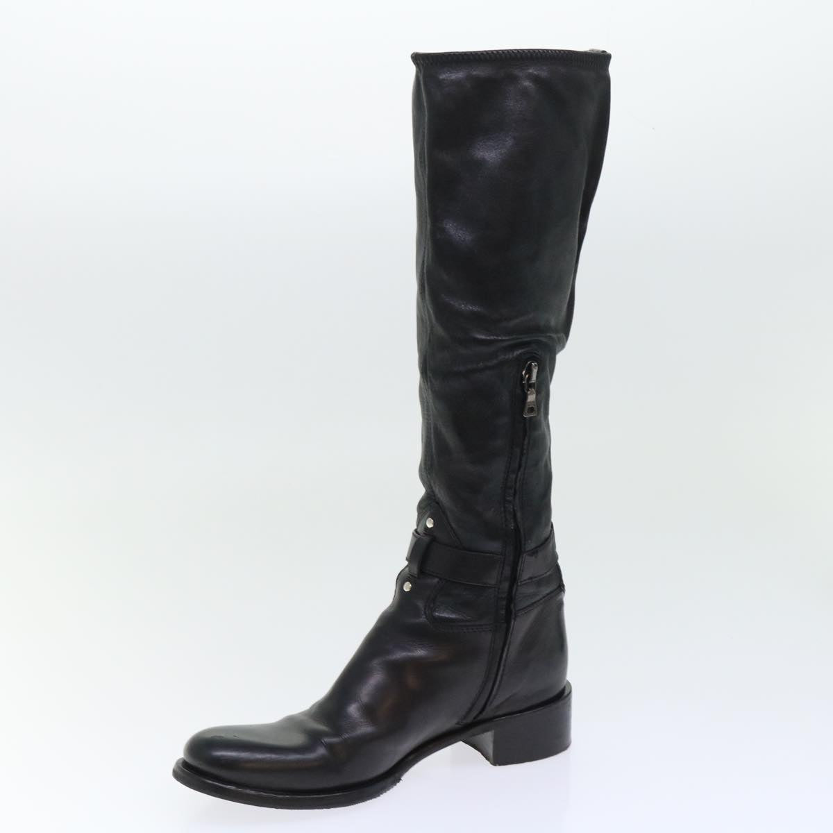 PRADA Knee High Boots Leather Black Auth ac2185