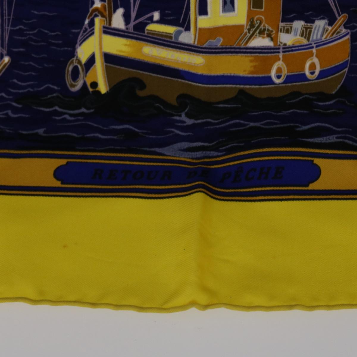 HERMES Carre 90 RETOUR DE PECHE Scarf Silk Yellow Navy Auth ac2222