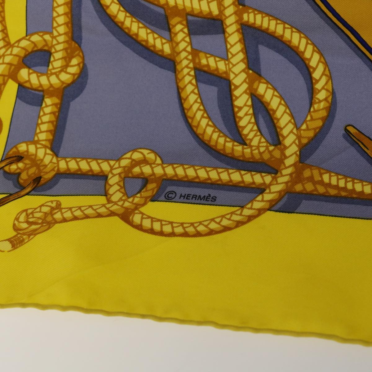 HERMES Carre 90 RETOUR DE PECHE Scarf Silk Yellow Navy Auth ac2222