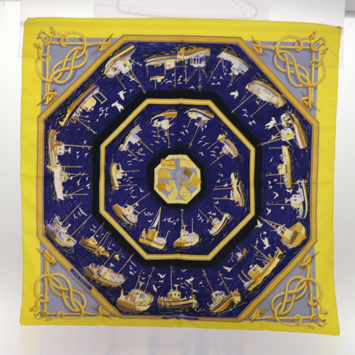 HERMES Carre 90 RETOUR DE PECHE Scarf Silk Yellow Navy Auth ac2222