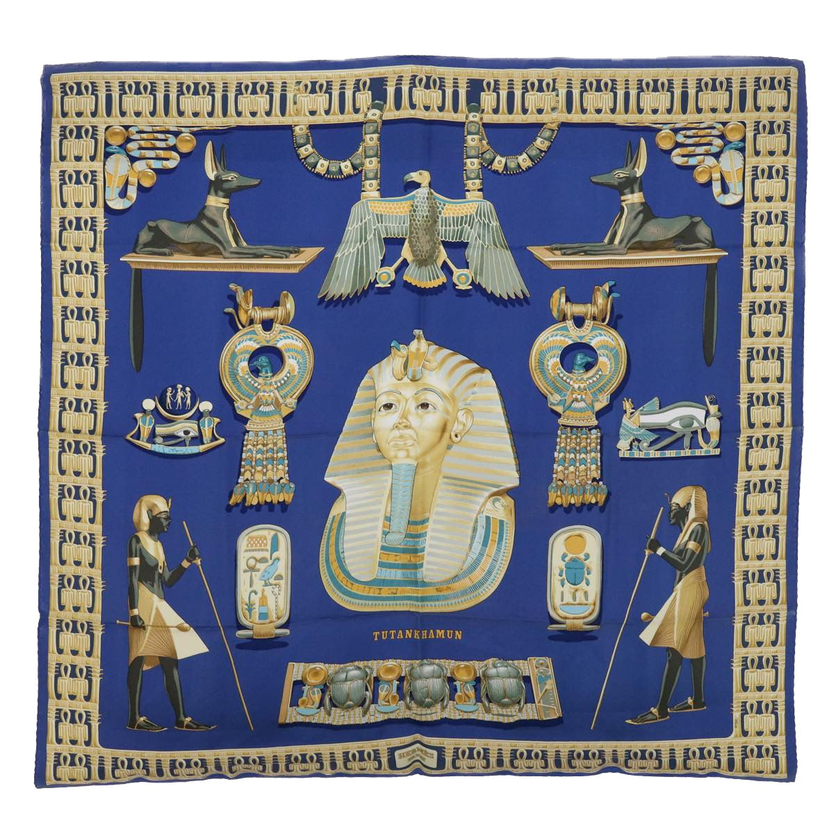 HERMES Carre 90 TUTANKHAMUN Scarf Silk Blue Auth ac2246