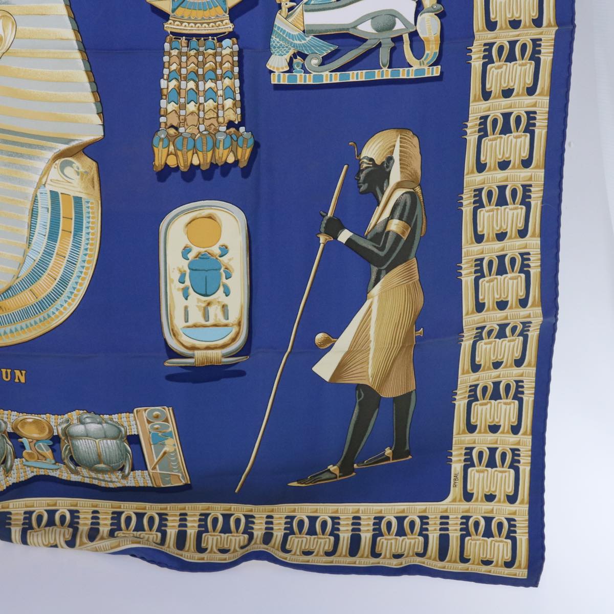 HERMES Carre 90 TUTANKHAMUN Scarf Silk Blue Auth ac2246