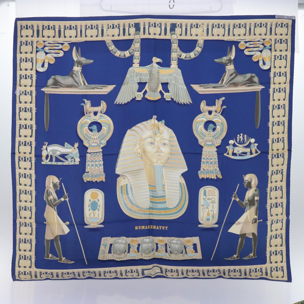 HERMES Carre 90 TUTANKHAMUN Scarf Silk Blue Auth ac2246