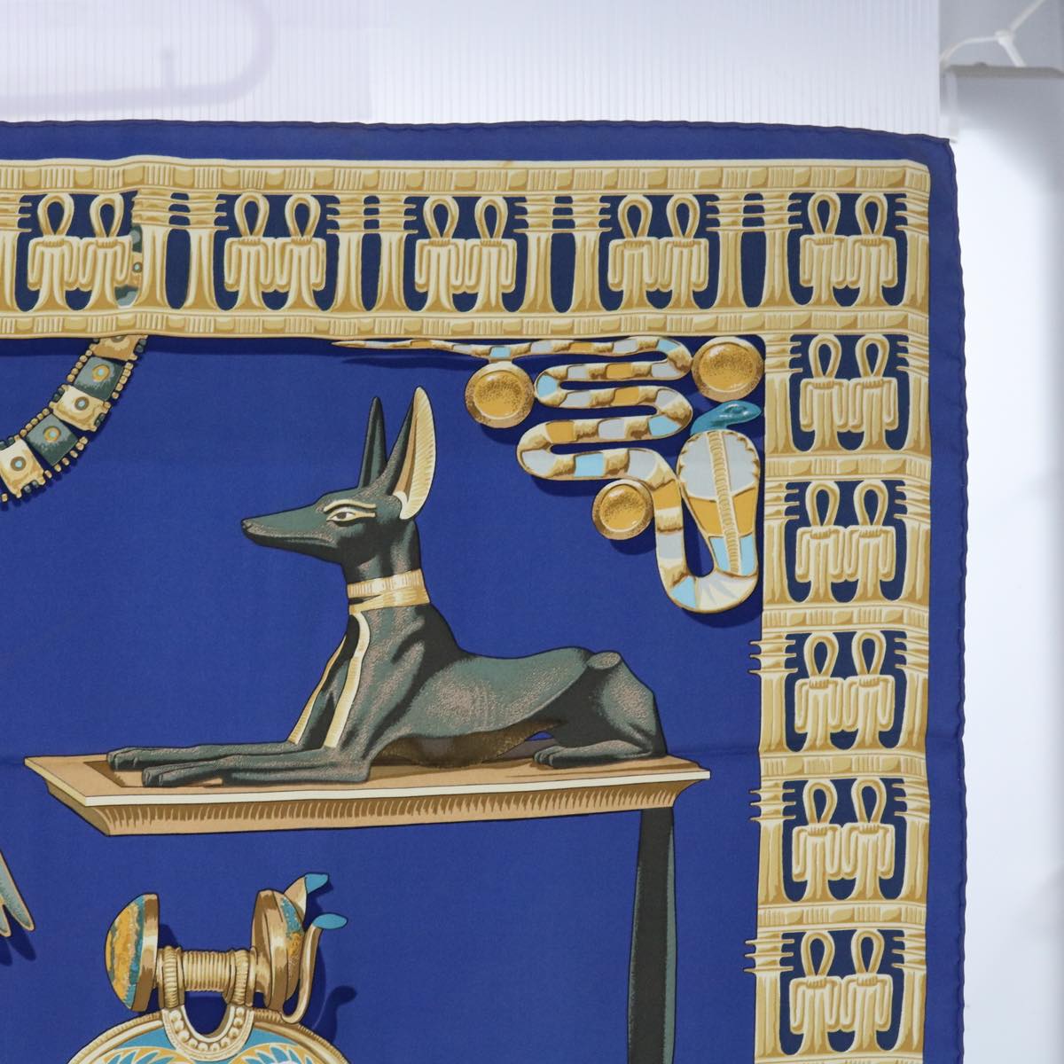 HERMES Carre 90 TUTANKHAMUN Scarf Silk Blue Auth ac2246