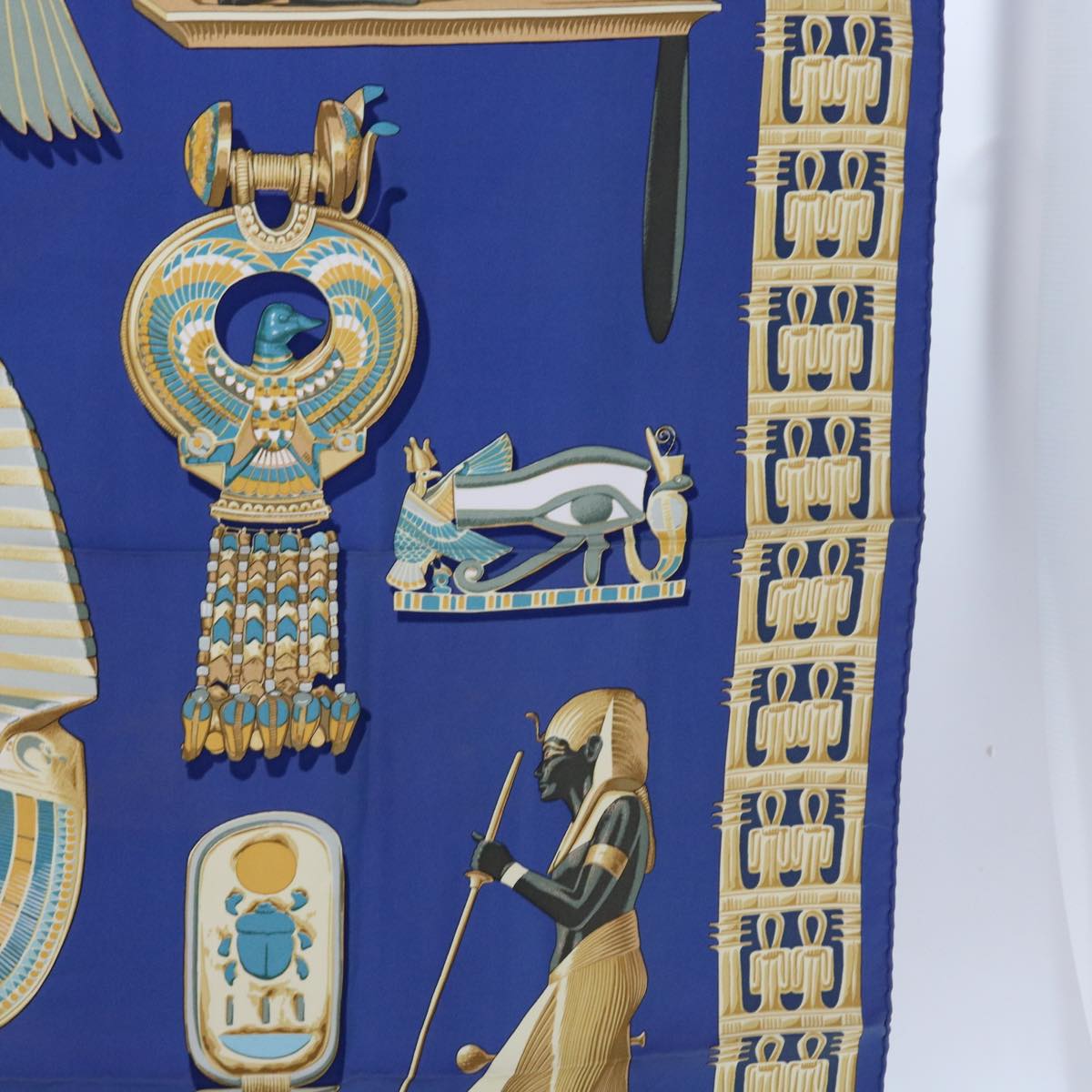 HERMES Carre 90 TUTANKHAMUN Scarf Silk Blue Auth ac2246