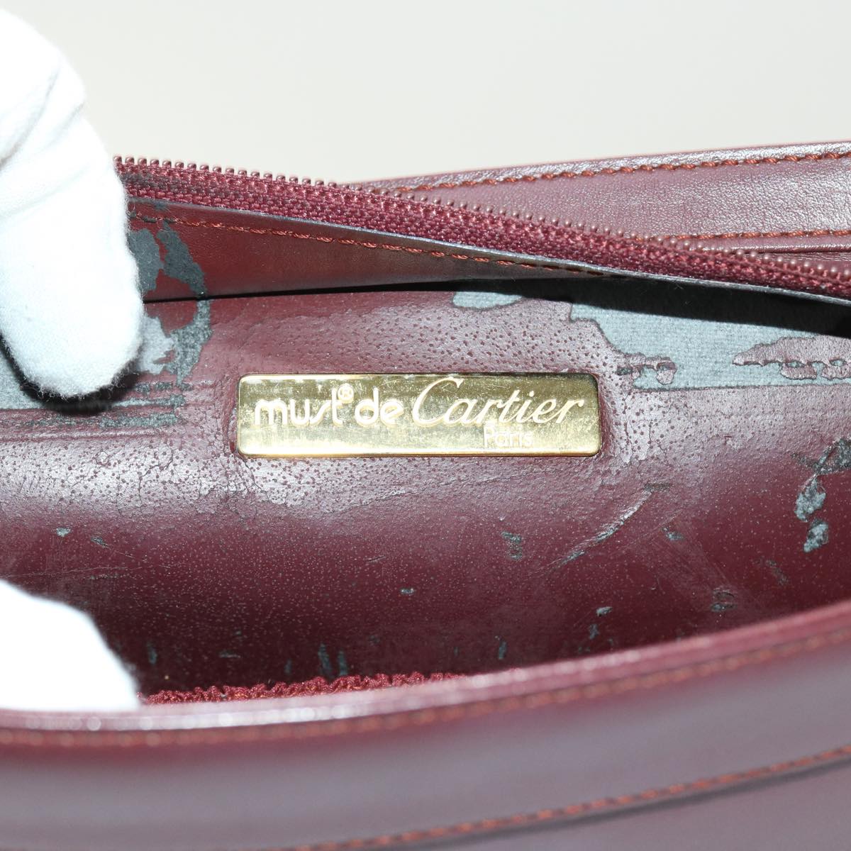 CARTIER Clutch Bag Leather Wine Red Auth ac2247