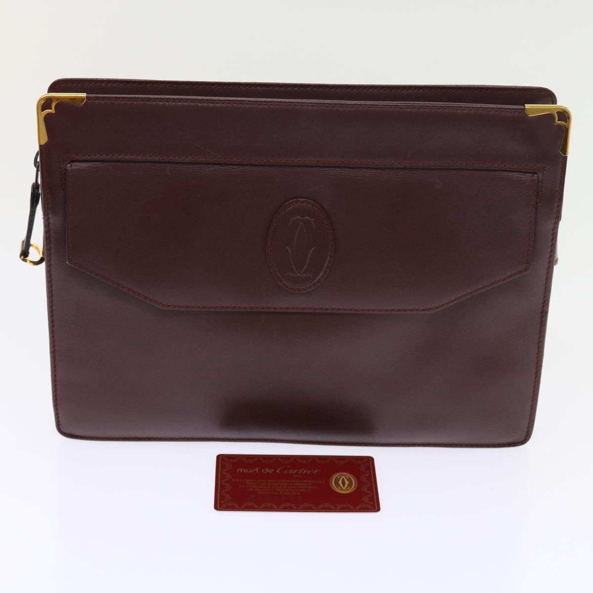 CARTIER Clutch Bag Leather Wine Red Auth ac2247