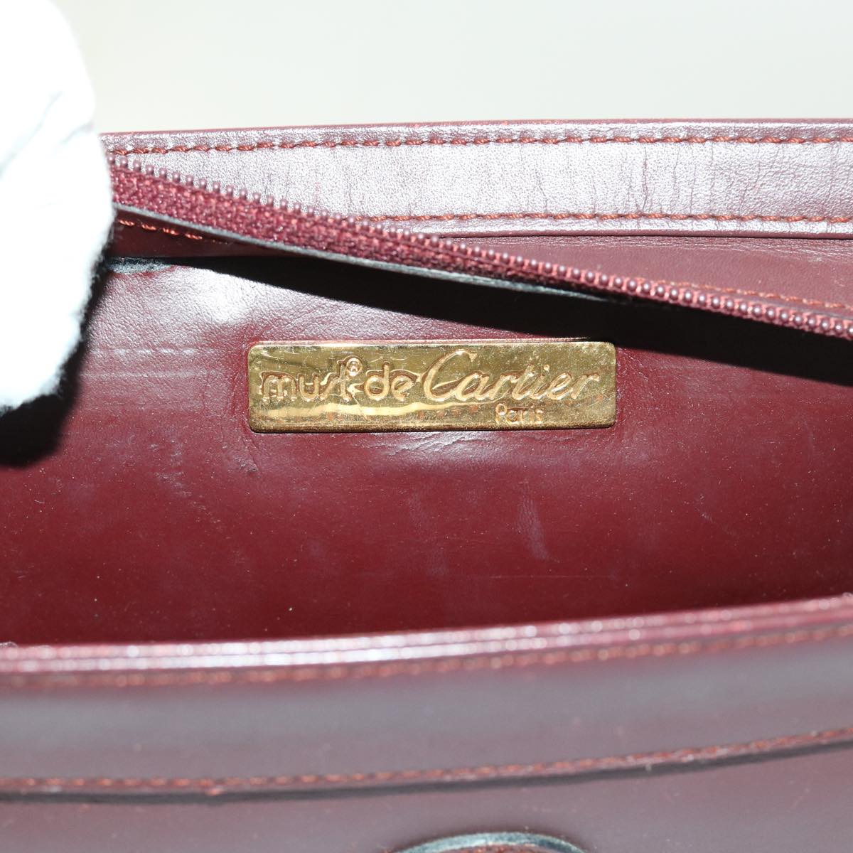 CARTIER Clutch Bag Leather Wine Red Auth ac2248