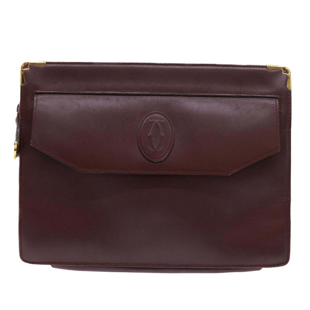 CARTIER Clutch Bag Leather Wine Red Auth ac2248