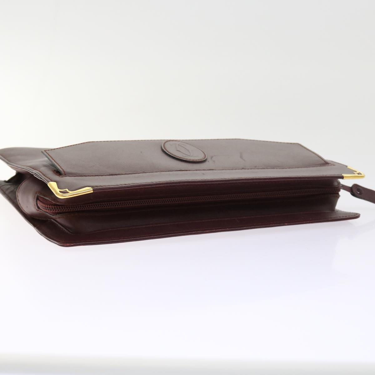 CARTIER Clutch Bag Leather Wine Red Auth ac2248