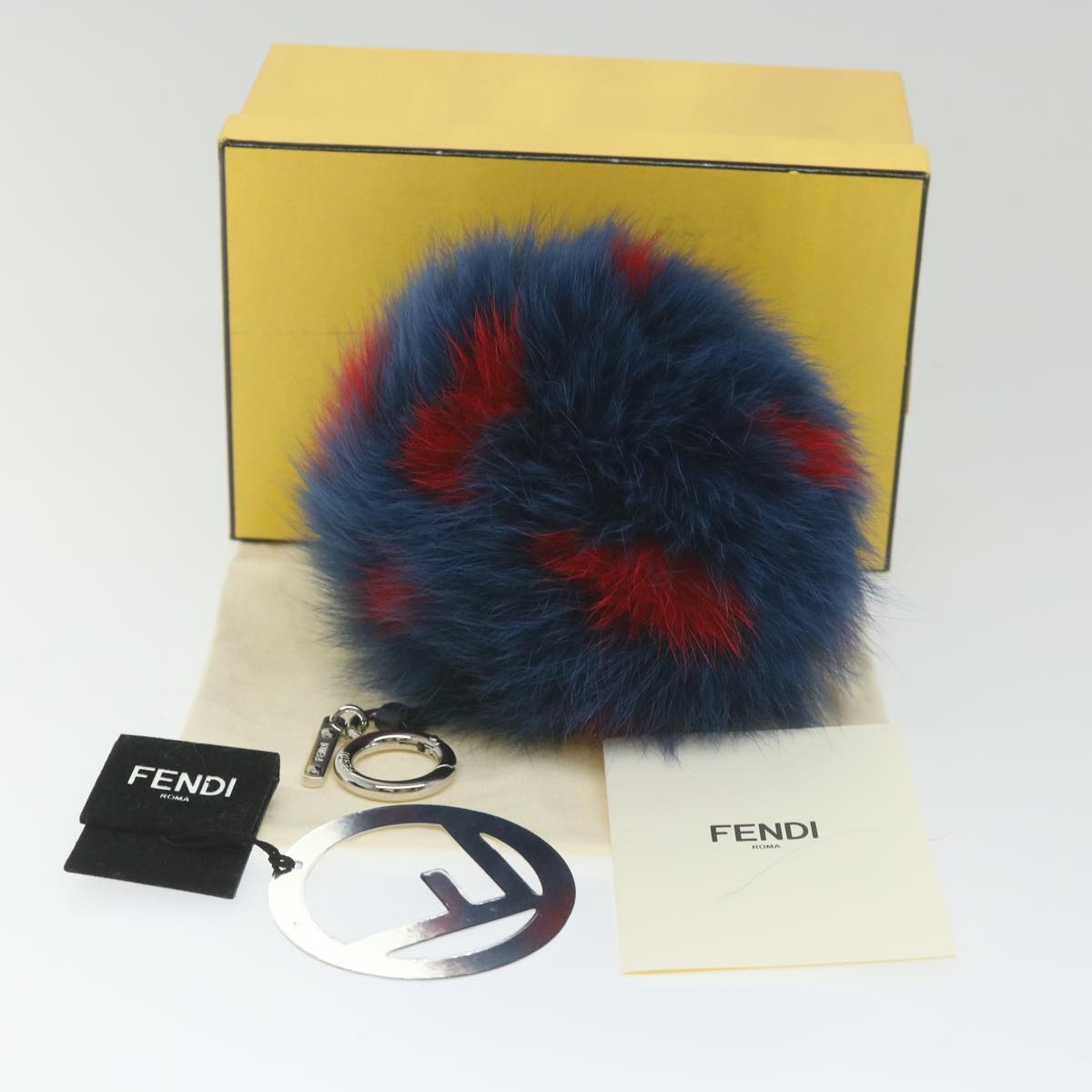 FENDI Pom Pom Charm Fur Red Navy Auth ac2313