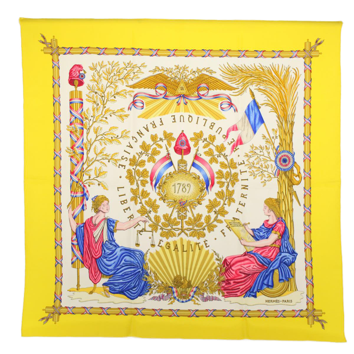 HERMES Carre 90 LIBERTE EGALITE FRATERNITE Scarf Silk Yellow Auth ac2343