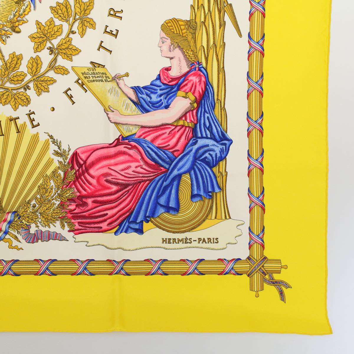 HERMES Carre 90 LIBERTE EGALITE FRATERNITE Scarf Silk Yellow Auth ac2343