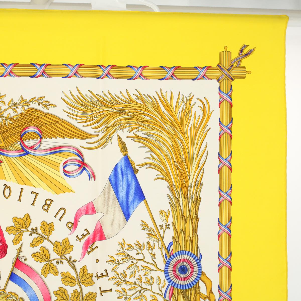 HERMES Carre 90 LIBERTE EGALITE FRATERNITE Scarf Silk Yellow Auth ac2343