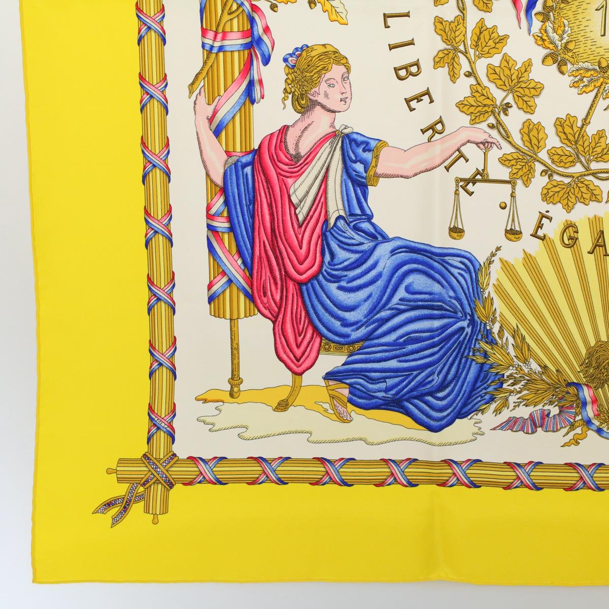 HERMES Carre 90 LIBERTE EGALITE FRATERNITE Scarf Silk Yellow Auth ac2343