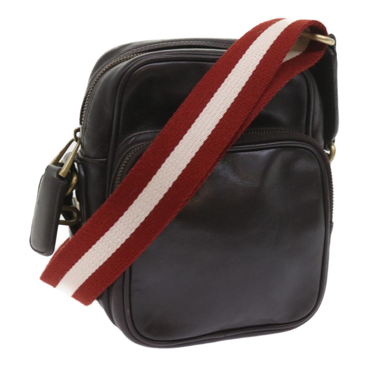 BALLY Shoulder Bag Leather Brown Red white Auth ac2400