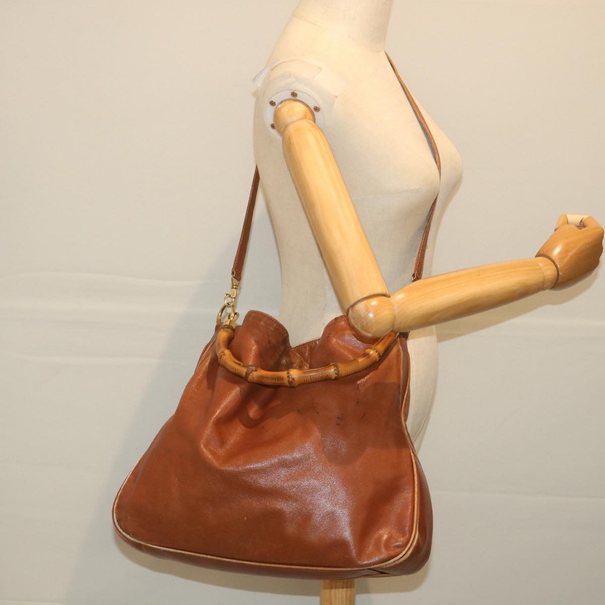 GUCCI Bamboo Shoulder Bag Leather 2way Brown Auth ac2472