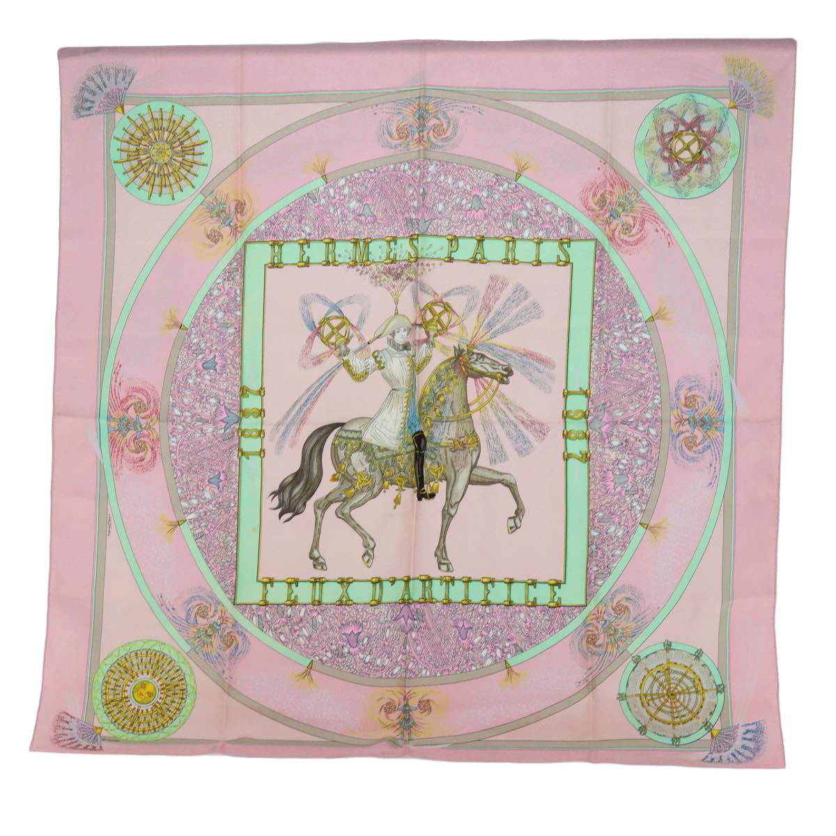 HERMES Carre 90 FEUX D'ARTIFICE Scarf Silk Pink Auth ac2491