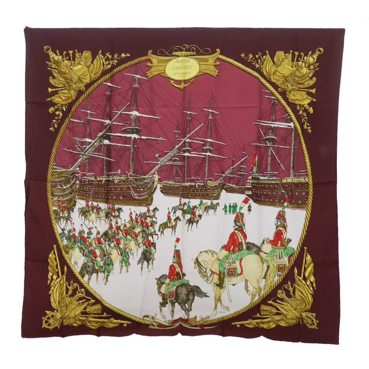 HERMES Carre 90 Marine Et Cavalerie Scarf Silk Wine Red Auth ac2492