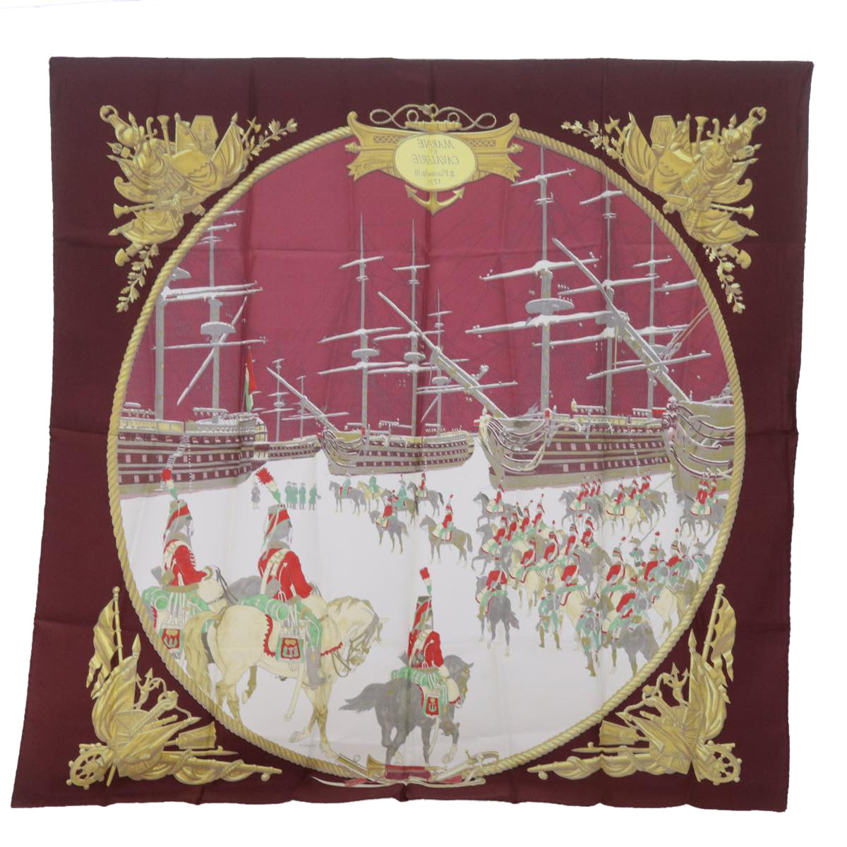 HERMES Carre 90 Marine Et Cavalerie Scarf Silk Wine Red Auth ac2492