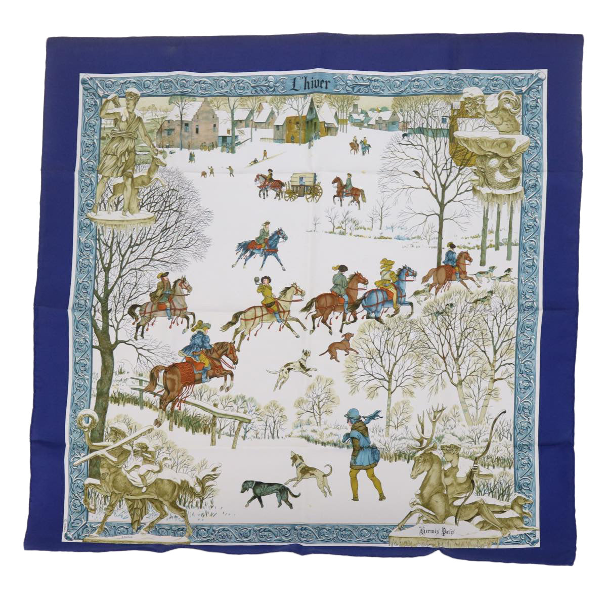 HERMES Carre 90 L'hiver Scarf Silk Blue Auth ac2495