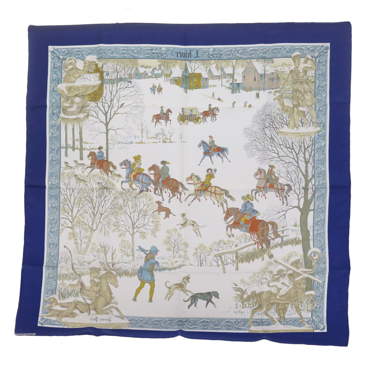 HERMES Carre 90 L'hiver Scarf Silk Blue Auth ac2495