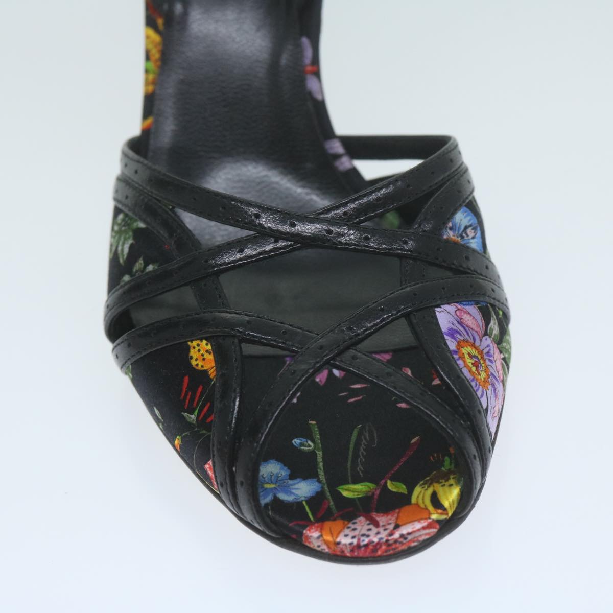 GUCCI Flower High Heels Satin 5.5B Black Multicolor Auth ac2587