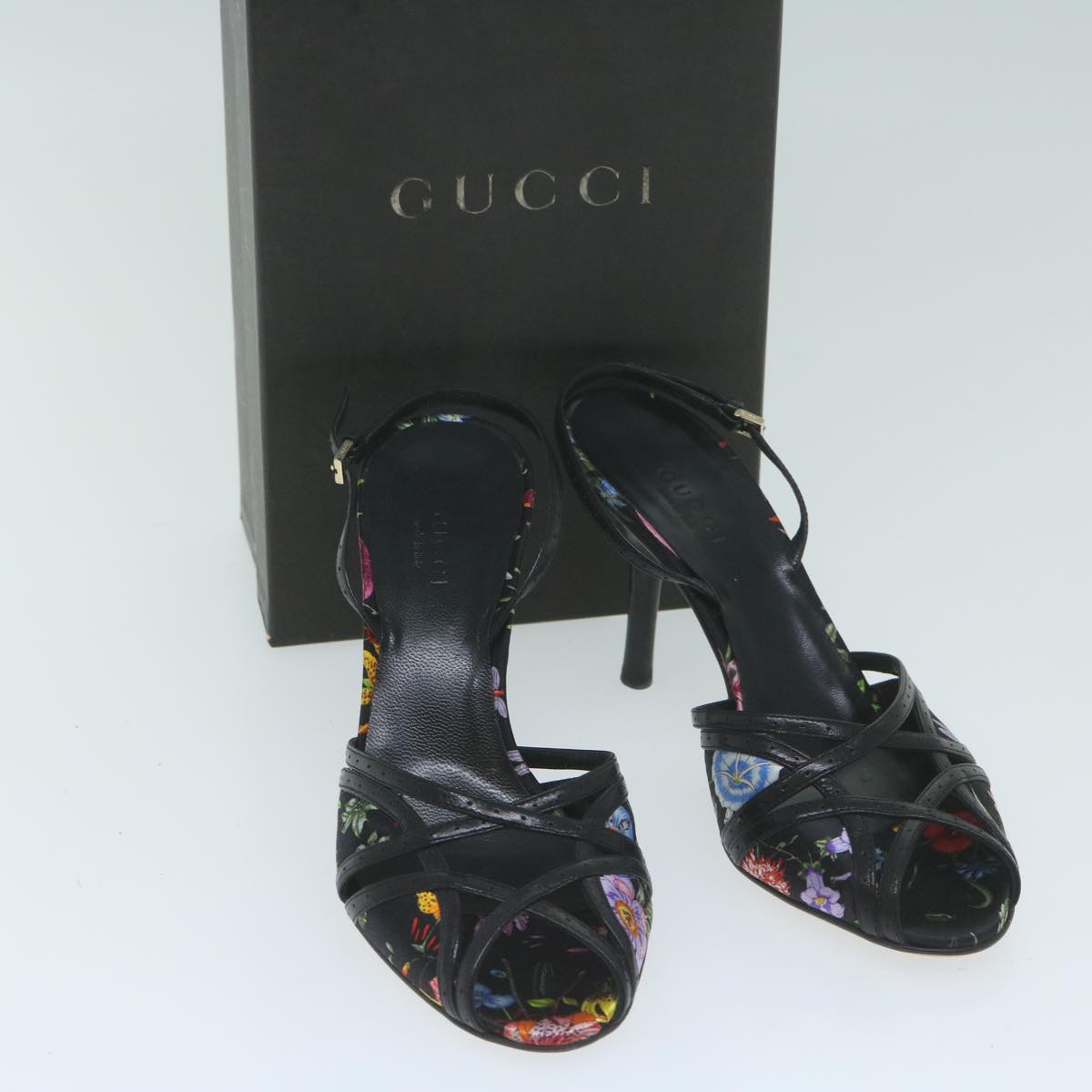 GUCCI Flower High Heels Satin 5.5B Black Multicolor Auth ac2587