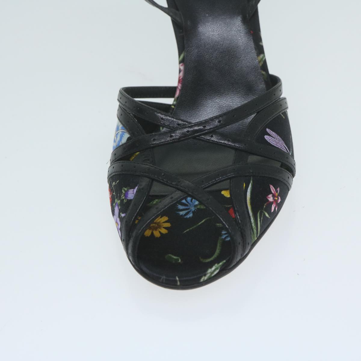 GUCCI Flower High Heels Satin 5.5B Black Multicolor Auth ac2587