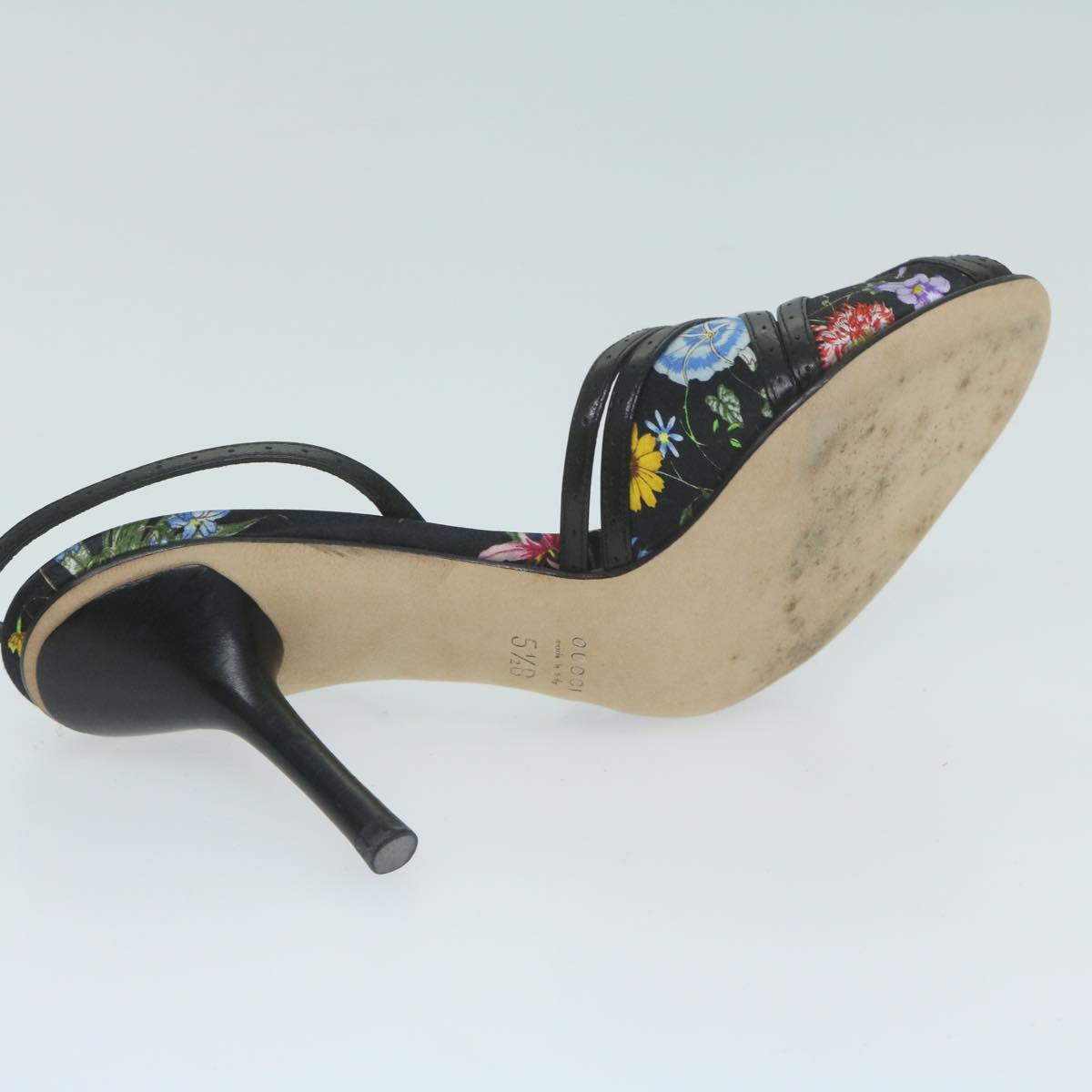 GUCCI Flower High Heels Satin 5.5B Black Multicolor Auth ac2587