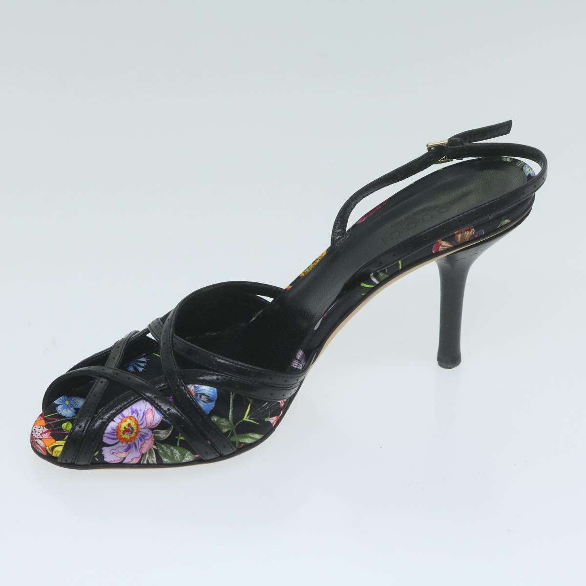 GUCCI Flower High Heels Satin 5.5B Black Multicolor Auth ac2587