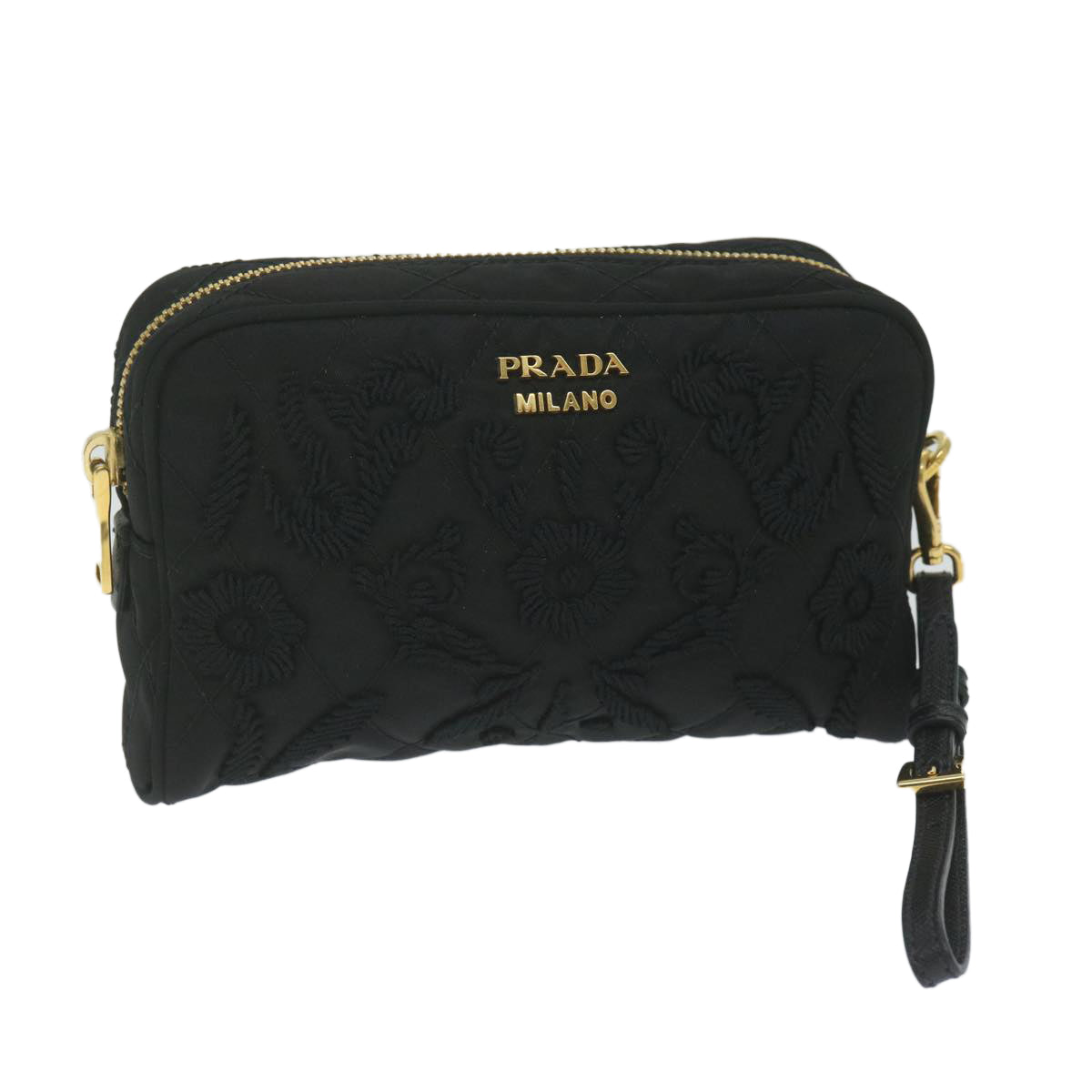 PRADA Embroidery Pouch Nylon Black Auth ac2598