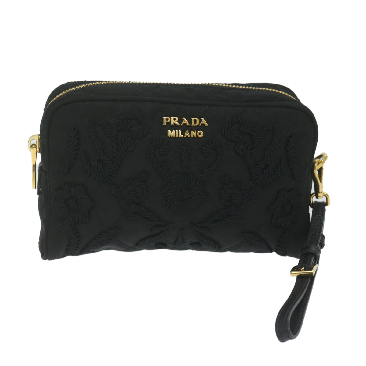 PRADA Embroidery Pouch Nylon Black Auth ac2598