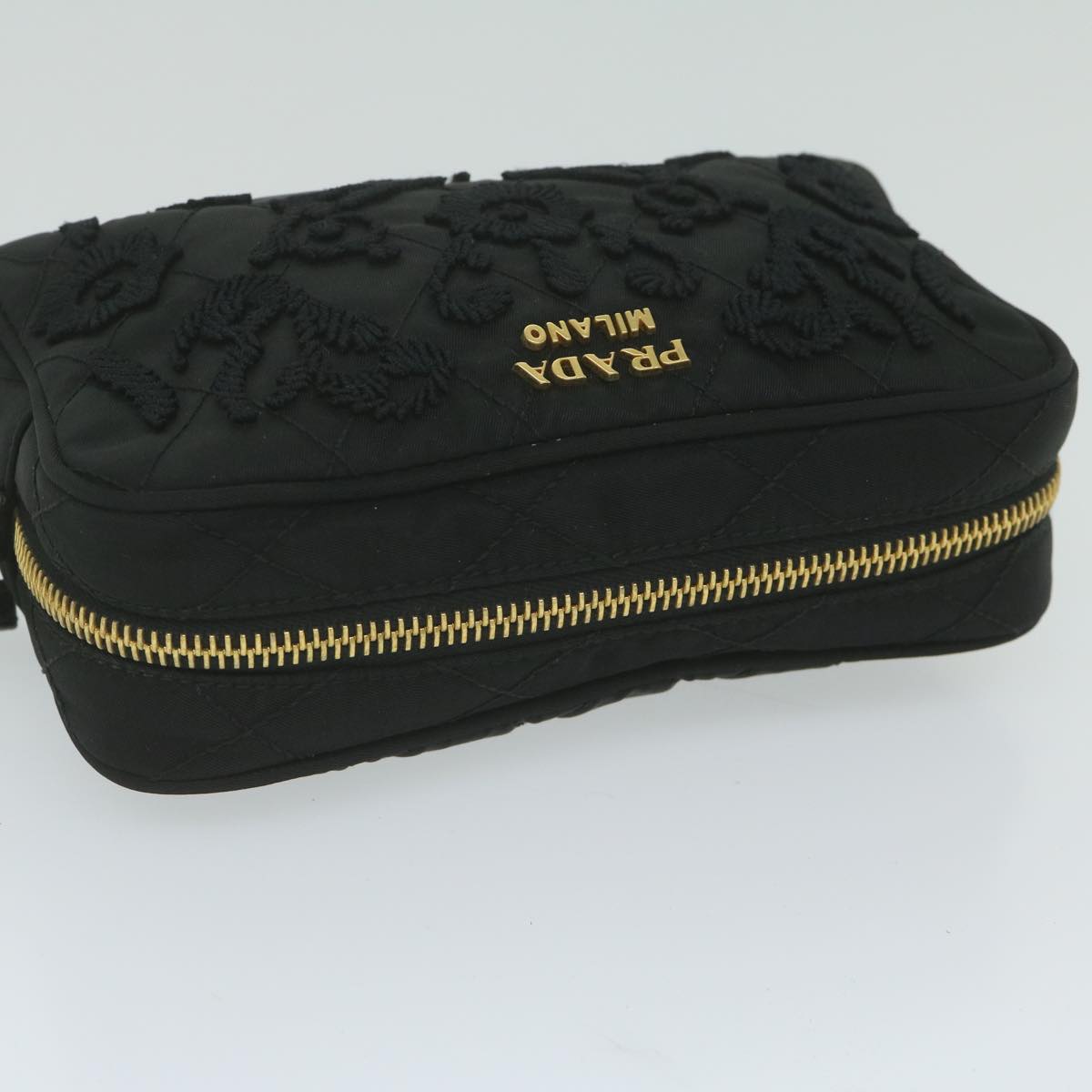 PRADA Embroidery Pouch Nylon Black Auth ac2598