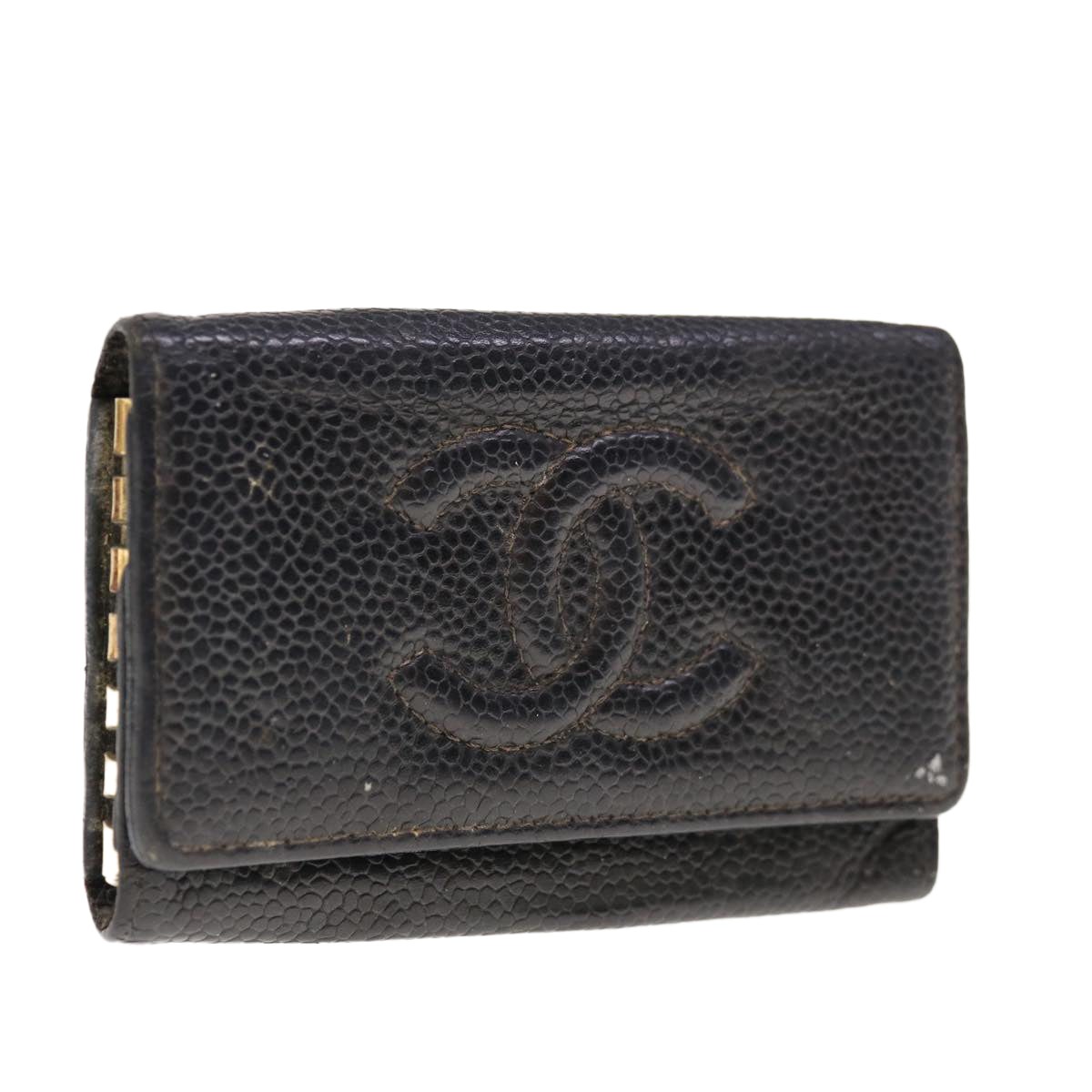 CHANEL Key Case Caviar Skin Black CC Auth ac2639