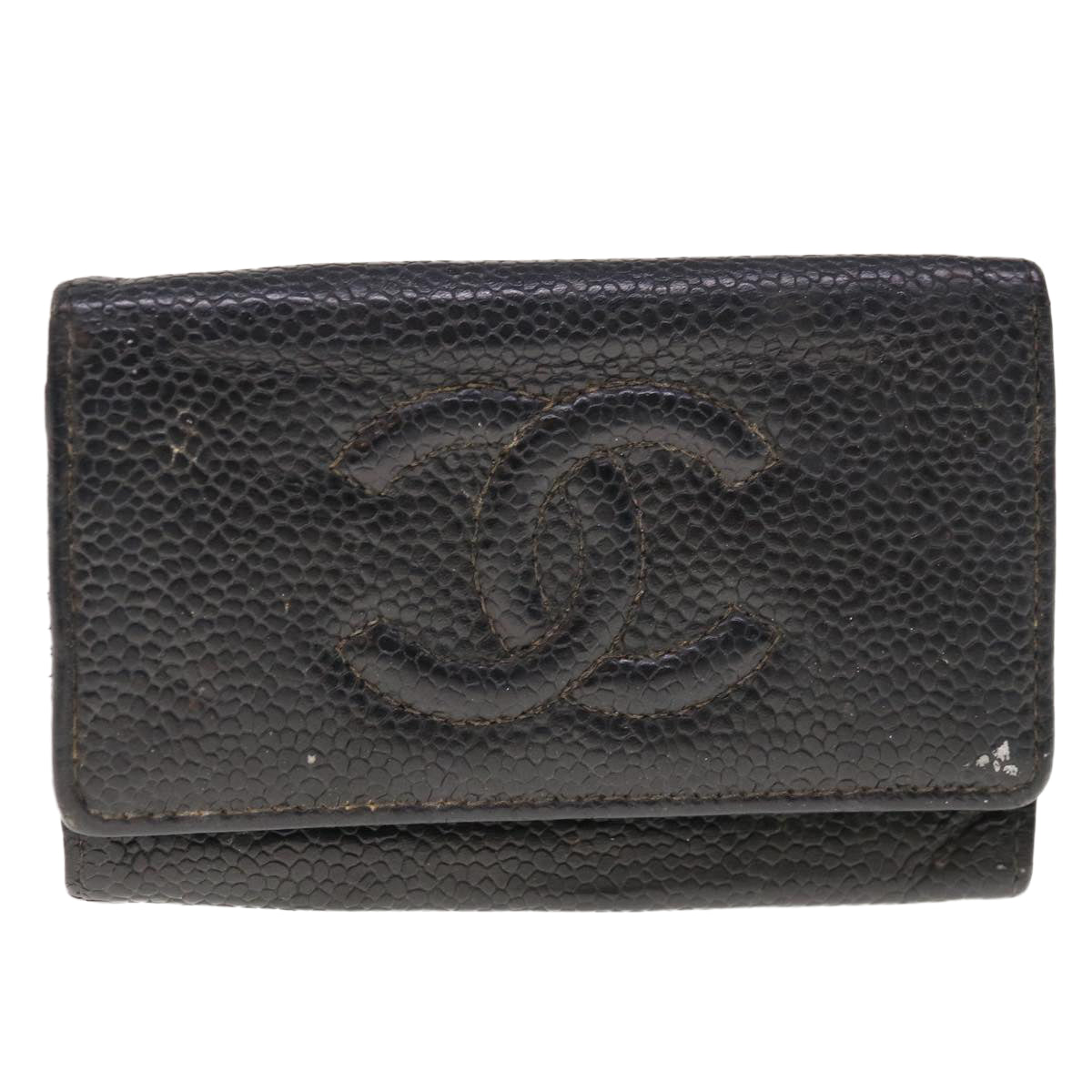 CHANEL Key Case Caviar Skin Black CC Auth ac2639