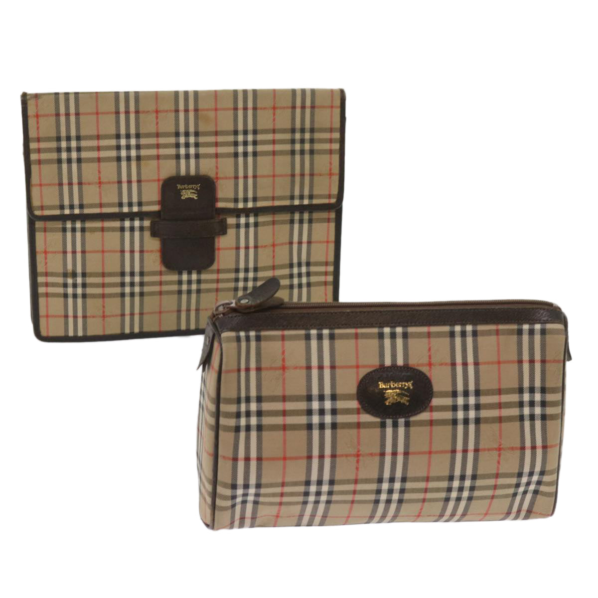 Burberrys Nova Check Clutch Bag Canvas 2Set Beige Brown Auth ac2698