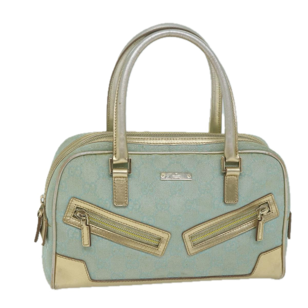 GUCCI GG Canvas Hand Bag Light Blue Gold Tone Auth ac2720